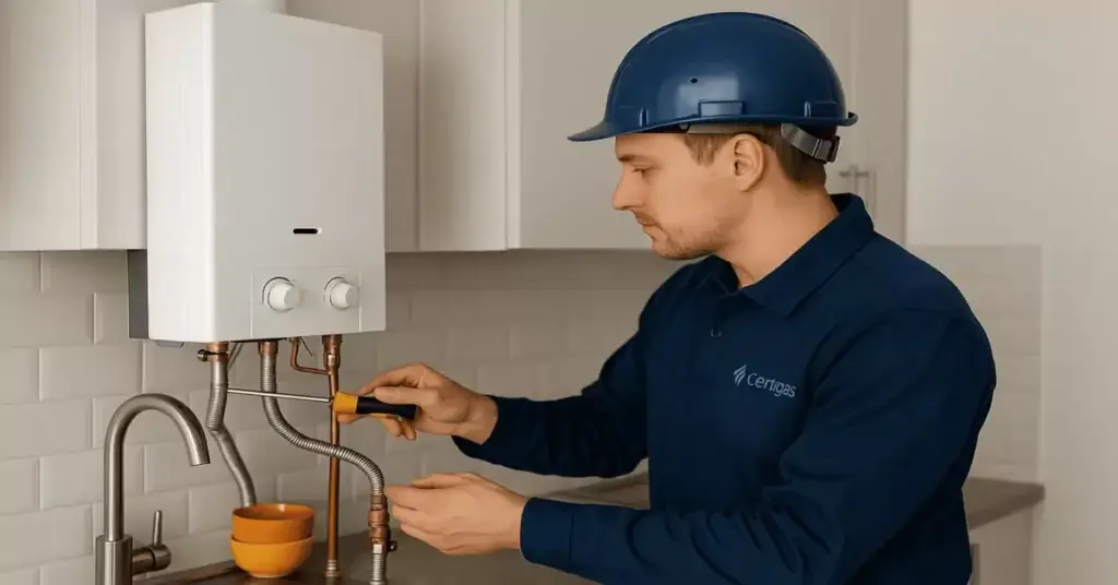 Gasfiter certificado instalando calefont en vivienda de Quilpué
