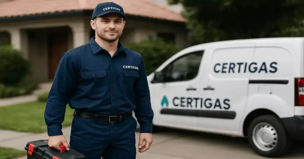 Técnico Certgas junto a vehículo corporativo ofreciendo servicios de gasfitería en Quilpué