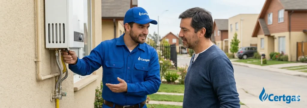 Técnico gasfiter certificado de Certgas realizando revisión de calefont e instalación de gas en domicilio de Villa Alemana