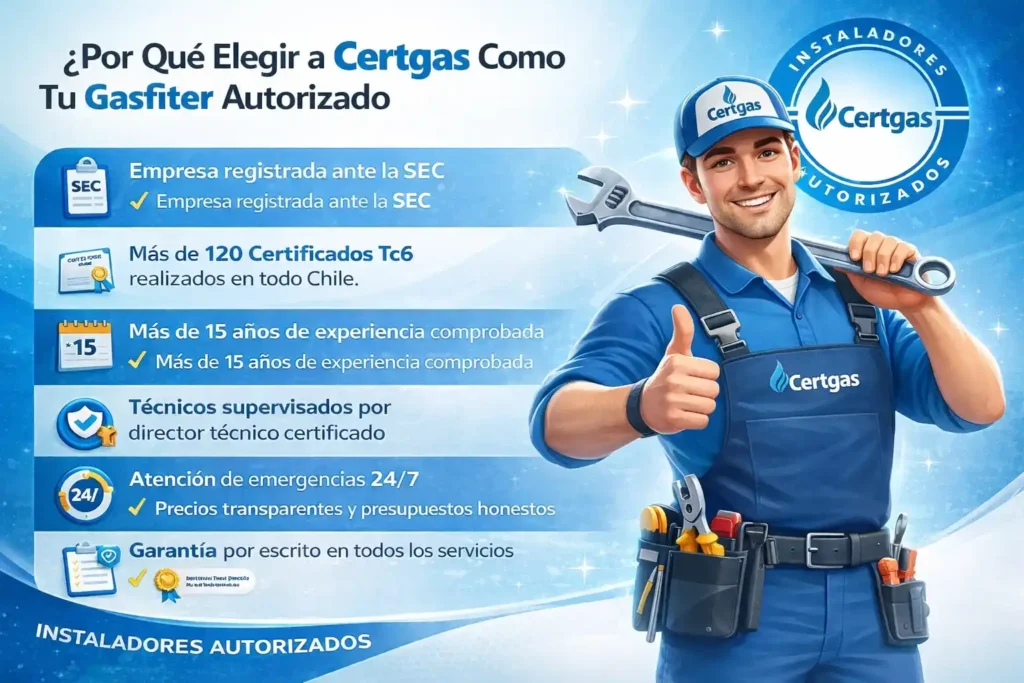 Infografía de Certgas mostrando por qué elegir un gasfiter autorizado, con técnico certificado, registro SEC, experiencia comprobada, atención 24/7 y garantía escrita.
